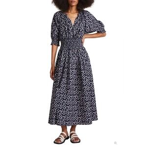 Apiece Apart Sz M Brijette Midi Dress Navy Floral Smocked 100% Organic Cotton